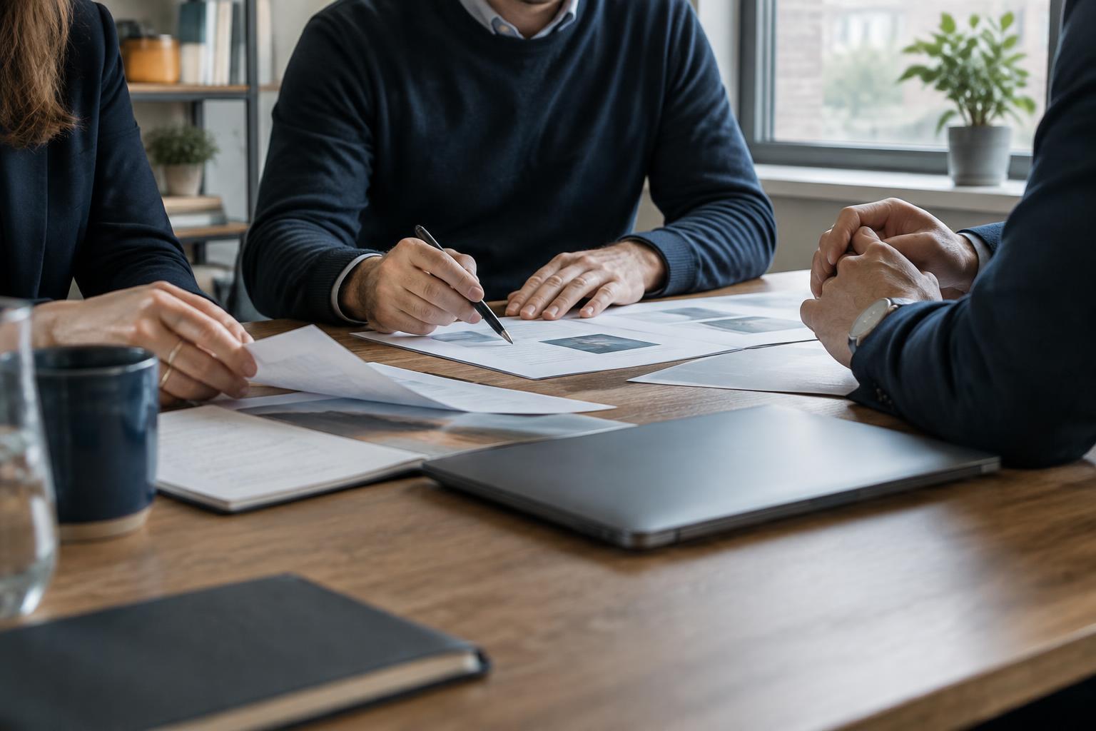 Colleagues reviewing plans around a table
