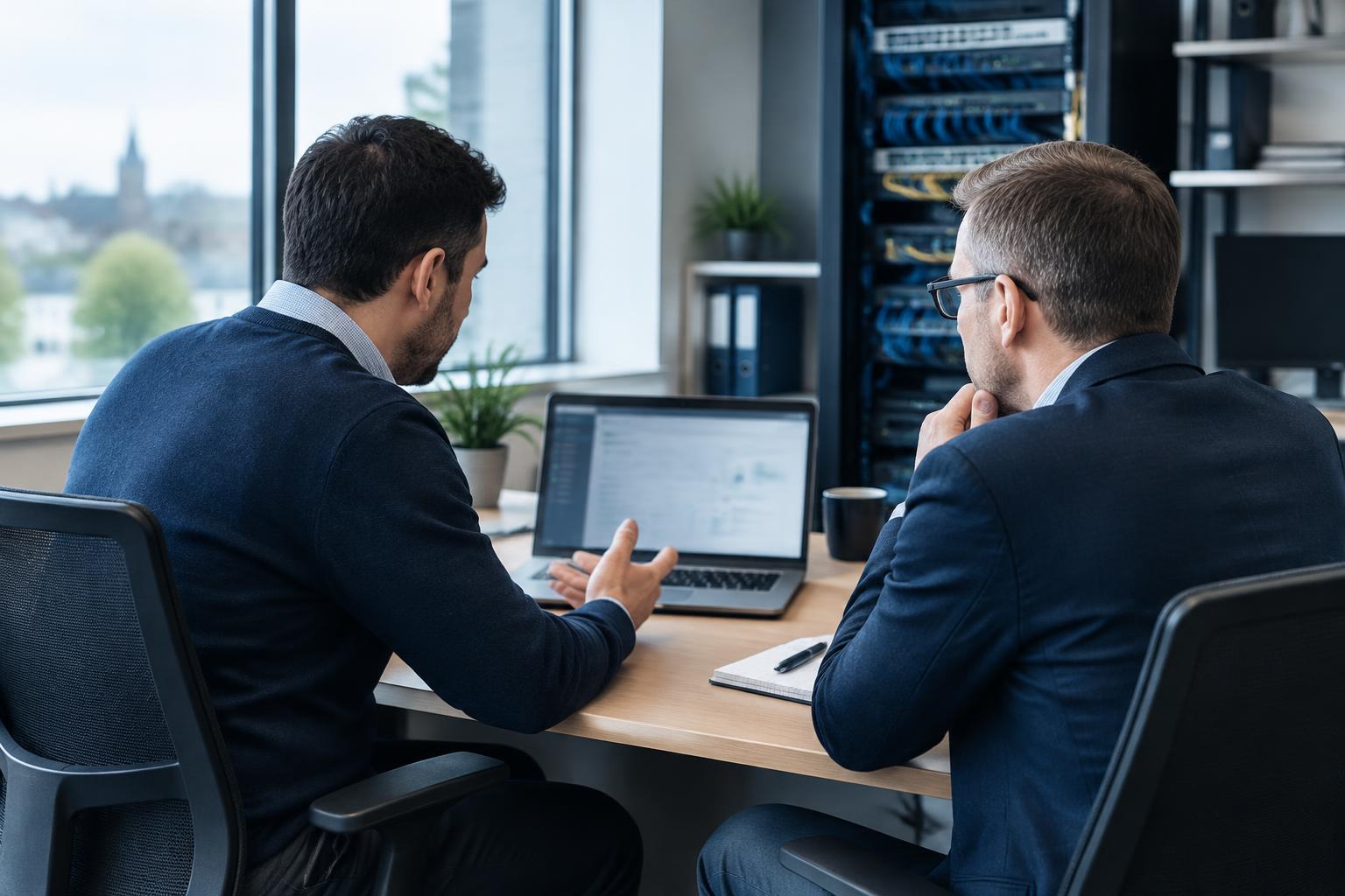 IT professionals discussing a client's technology